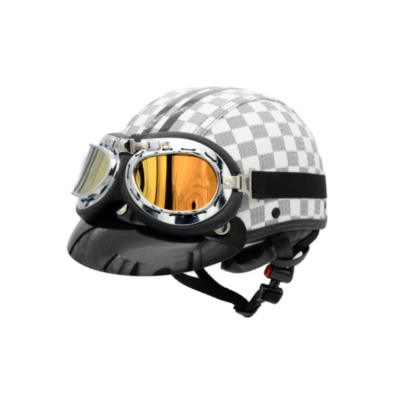 Capacete Coquinho BR 101 Xadrez Branco Com Pala Retro Amarelo