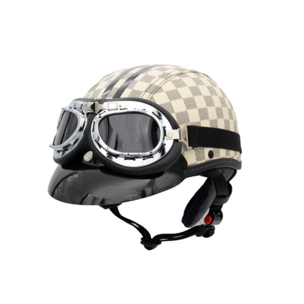 Capacete Coquinho BR 101 Xadrez Bege Com Pala Retro Fume